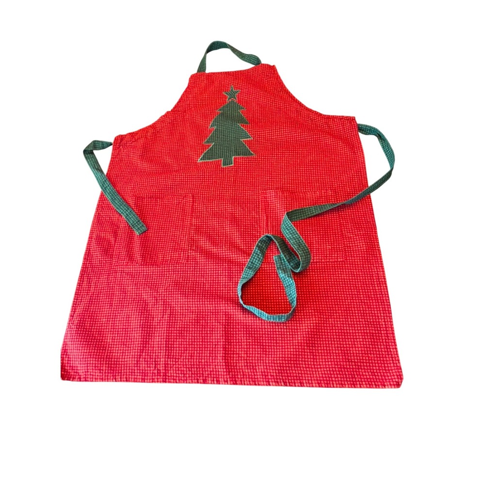 Tag Apron Red Green Christmas Tree Gingham Vintage 1997 Cotton Holiday Pocket